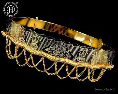 Gold Plating Goddess Gajalakshmi Carved Waist Belt (Kamarband) in Metal, Hip Chain Belt For Special Occasions