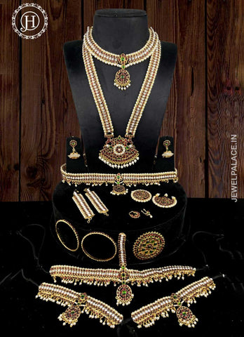 Jewel Palace Copper Multicolour Complete Set Bharatanatyam Jewellery with All The 10 Separate Ornaments Made with Green and Red Kemp Stones for Women JH140