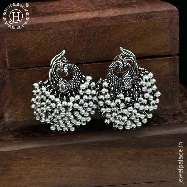 German Silver Plated Beaded Oxidized Earrings JH5662 Silver