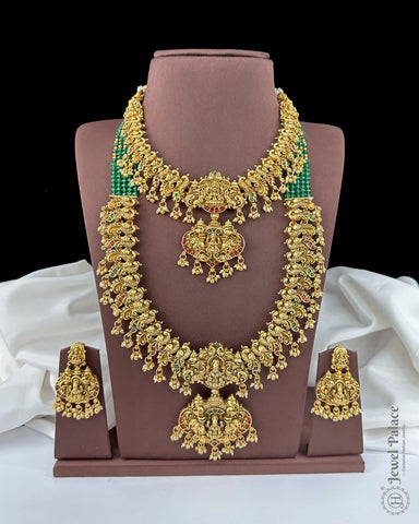 Premium Antique Temple Design Combo Jewellery Set with Lakshmi Motifs and Kemp Stones