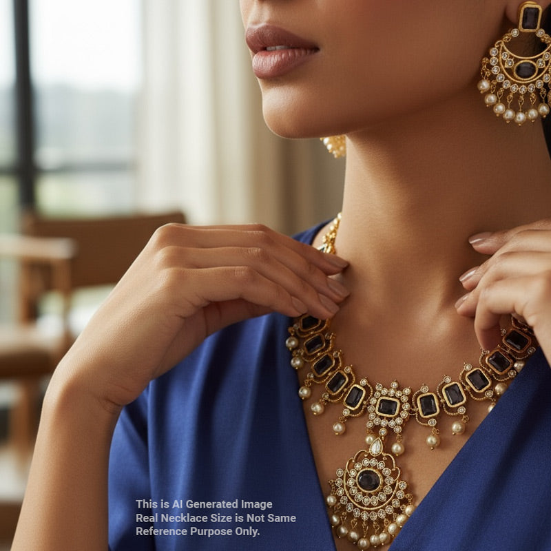 Close-up of a woman wearing an ornate necklace and earrings indoors.