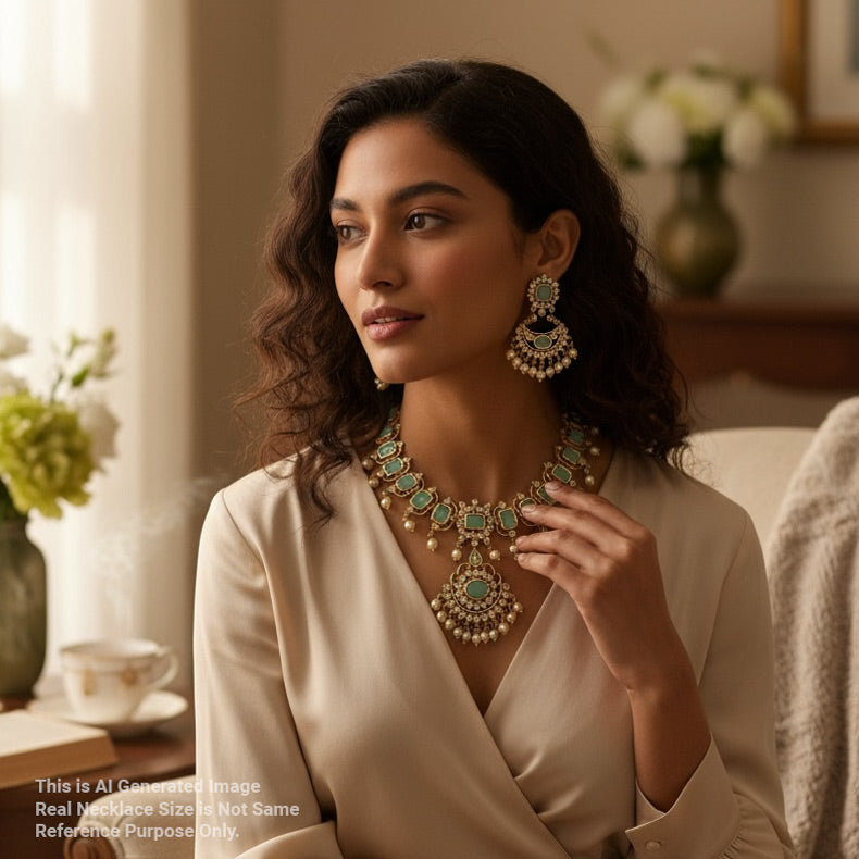 Woman wearing a necklace and earrings in a warm-toned room with flowers and a cup.