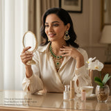 Woman wearing a green necklace and earrings, sitting at a table with skincare products and a cup.