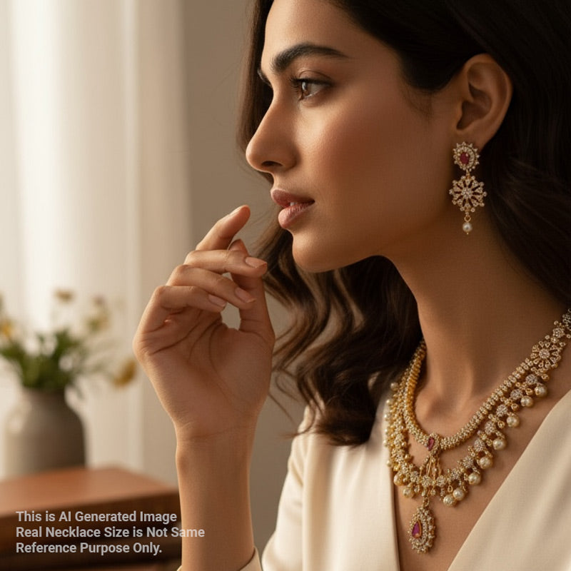 Woman wearing a luxurious necklace and earrings in a softly lit room.