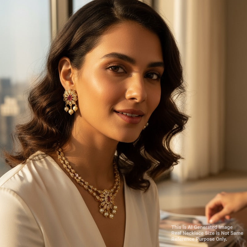 Woman wearing a necklace and earrings with a blurred background