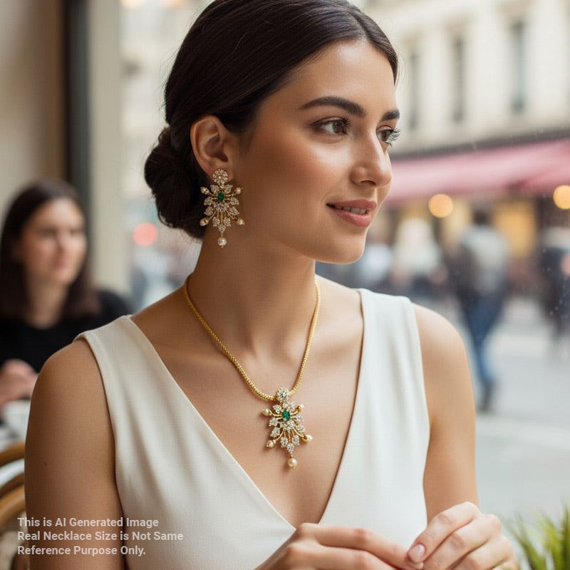 Woman wearing a gold necklace and earrings in an urban setting
