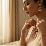 Woman wearing gold jewelry with a neutral background