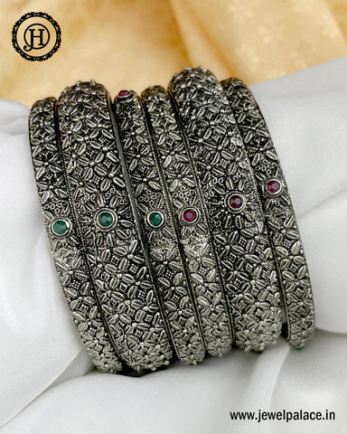 NEW Oxidized Bangle Set Of 6, With Colored Stones