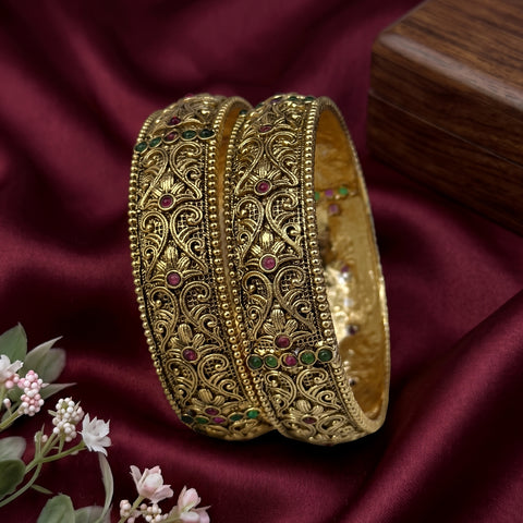 Traditional Antique Gold Temple Design Bangle Set Of 2 JH8216