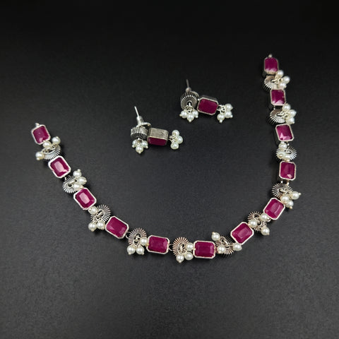 Oxidised German Silver Gemstone Necklace JH7478