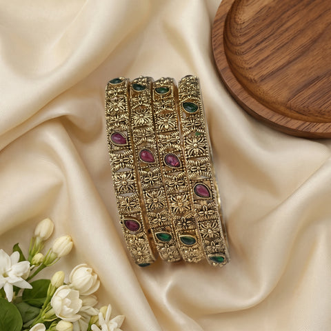 Traditional Antique Gold Temple Design Bangle Set Of 4 JH8220