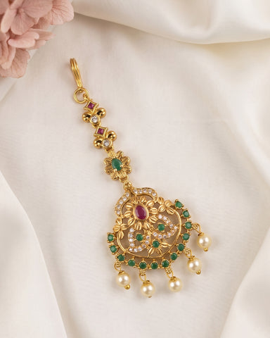 Antique Gold Temple Maang Tikka with Pearl Drops  JH8104