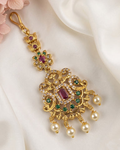 Antique Gold Temple Maang Tikka with Pearl Drops  JH8107