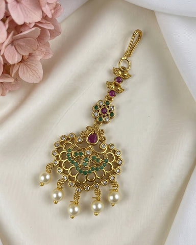 Antique Gold Temple Maang Tikka with Pearl Drops  JH8111