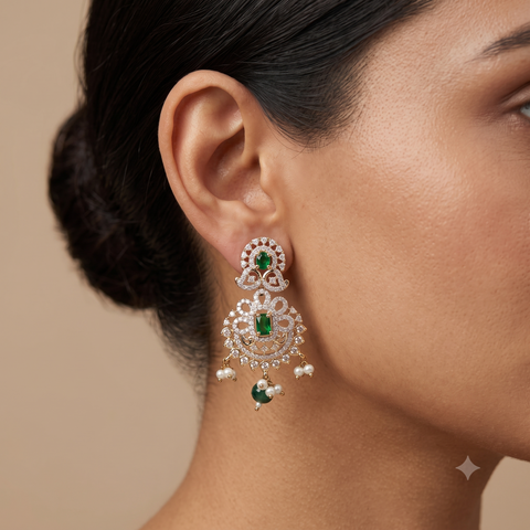 A close-up of a woman's ear wearing an ornate silver-toned traditional Indian earring with green emerald-cut stones and small dangling pearl-like beads, against a warm beige background.