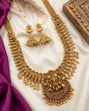 Classic Antique Gold Temple Necklace Set with Goddess Lakshmi Pendant and Jhumka Earrings