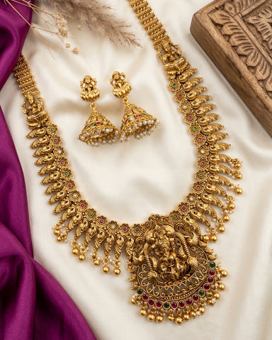 Classic Antique Gold Temple Necklace Set with Goddess Lakshmi Pendant and Jhumka Earrings