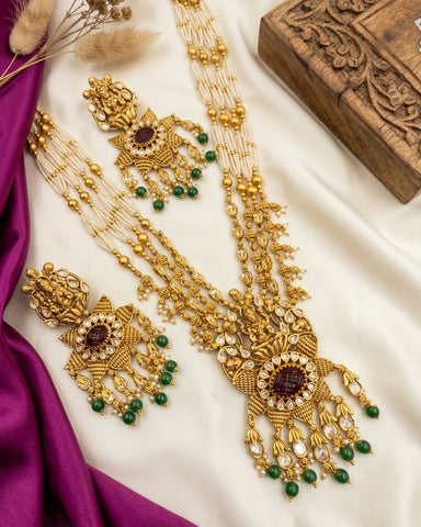 Premium Antique Gold Bridal Haram with Goddess Lakshmi Pendant, Kundan Work & Green Beads