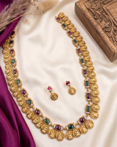 Premium Lakshmi Coin AD Stone Haram Set with Ruby and Emerald Accents