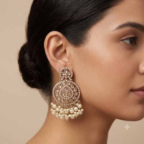 A close-up of a woman's ear and side profile wearing a large ornate gold-toned chandelier earring adorned with clear stones and a cluster of white faux pearls at the bottom, against a warm beige background.