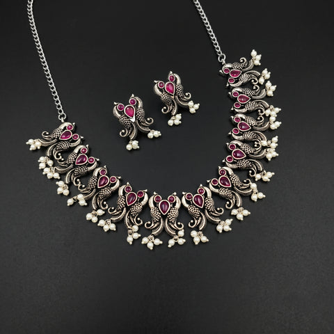 Oxidised German Silver Gemstone Necklace JH7474