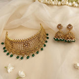 Premium Antique Gold Choker Necklace Set with Green Beads