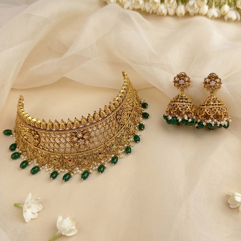 Premium Antique Gold Choker Necklace Set with Green Beads