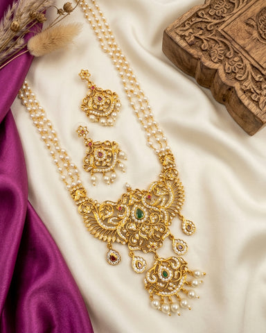 Premium Pearl Layered Antique Gold Haram with AD Stones & Designer Pendant