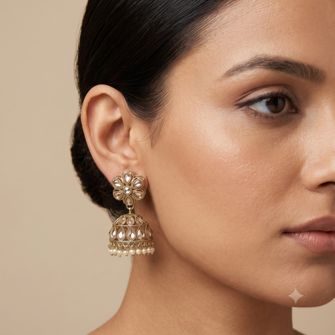 A close-up of a woman's ear wearing a traditional Indian gold jhumka earring with white pearl-like beads, set against a solid beige background.