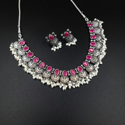 Oxidised German Silver Gemstone Necklace JH7476