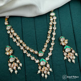 Ornate necklace with green and gold accents on a dark green background