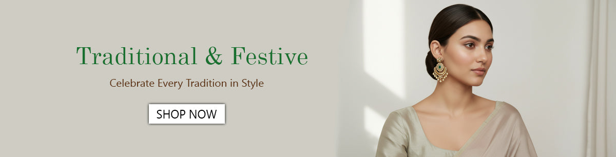 Woman wearing traditional attire with text 'Traditional & Festive' and 'Shop Now' button on a light background