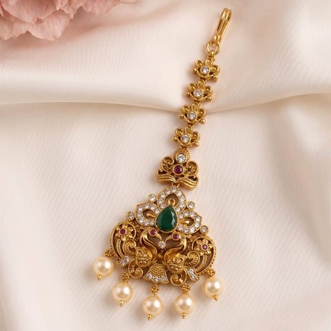 Antique Gold Temple Maang Tikka with Pearl Drops  JH8675