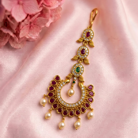 Antique Gold Temple Maang Tikka with Pearl Drops  JH8676