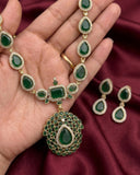 Antique Gold Finish Peacock Design Temple Necklace with Green Beads JH8247