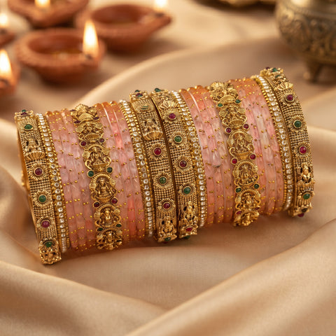 Traditional Metal And Glass Combination Grand Bridal Bangles Set JH8745