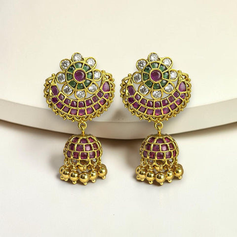 Elegant Kemp Stone Gold Plated Jhumka Earrings