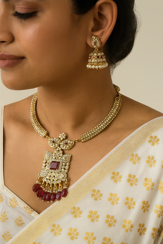 Beautiful Gold Plated With Kemp Stone Designer Necklace Set JH5388