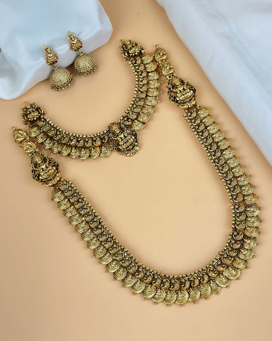 Traditional Antique Gold Temple Combo Set with Haram, Necklace & Jhumkas