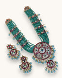 Heavy Long Haram Necklace with Red And Green Stones Wedding Jewelry