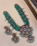 Heavy Long Haram Necklace with Red And Green Stones Wedding Jewelry