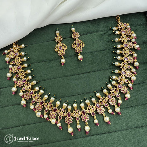 Premium Quality Gold Plated Kemp Stone With Pearl Necklace JH3600