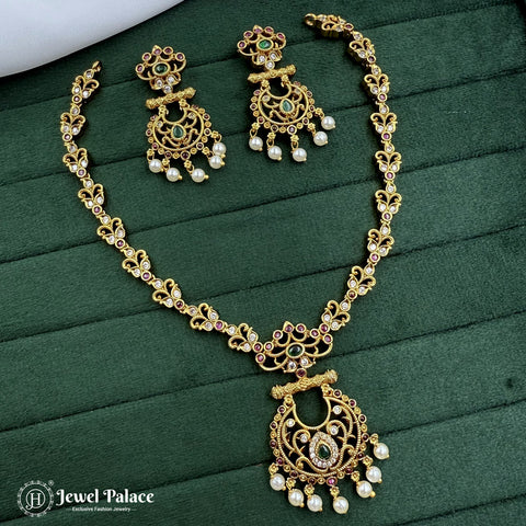 Premium Brass AD Stone Pearls Necklace Set JH7033