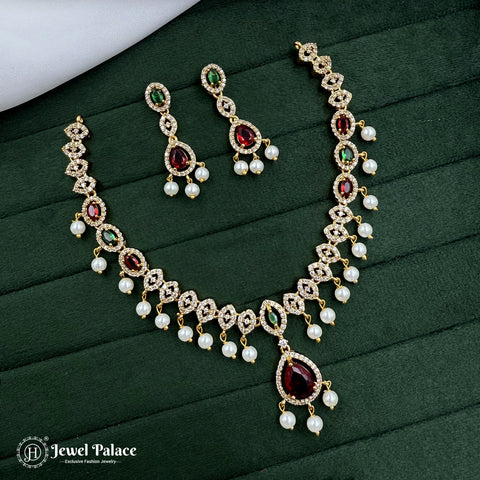 Premium Brass AD Stone Pearls Necklace Set JH7037