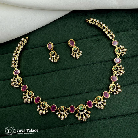 Premium Brass AD Stone Pearls Necklace Set JH7029
