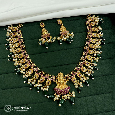 Premium Quality Gold Plated Kemp Stone With Pearl Necklace JH3604