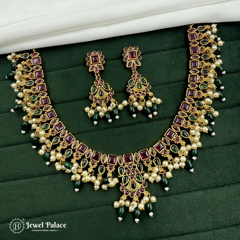 Premium Quality Gold Plated Kemp Stone With Pearl Necklace JH3603