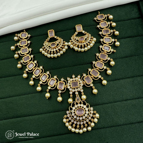 Premium Brass AD Stone Pearls Necklace Set