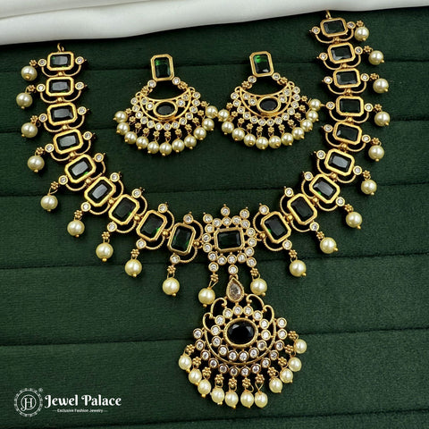 Premium Brass AD Stone Pearls Necklace Set