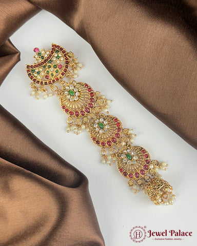 Exclusive Gold Plated Kemps Stone Pearls Traditional Jadai Billai JH5782